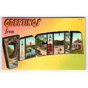 Greetings From Virginia 1940's Vintage Original Postcard Large Big Letter Linen